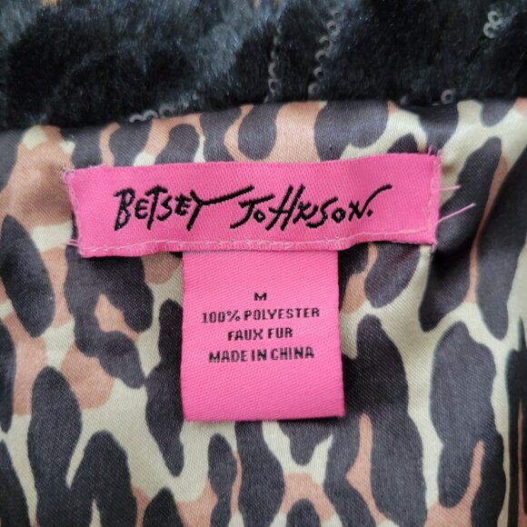 Betsey Johnson M Black Faux Fur Vest Sequins Pockets Leopard Print Zip Up‎ - Picture 4 of 6